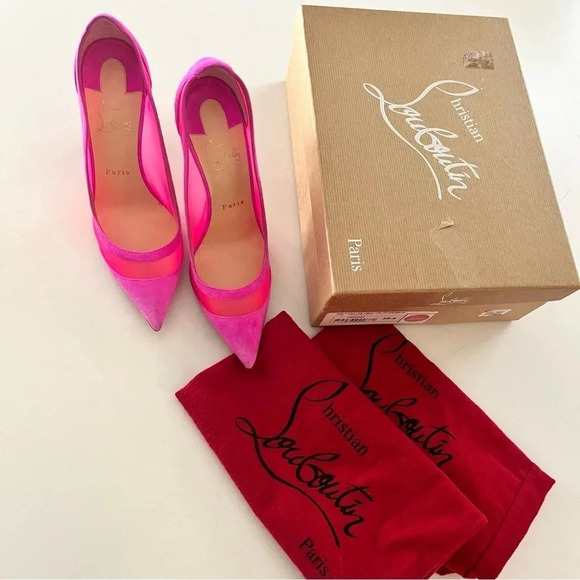 Christian Louboutin Galaviti 100 pink mesh suede heels 38.5 - Picture 11 of 14